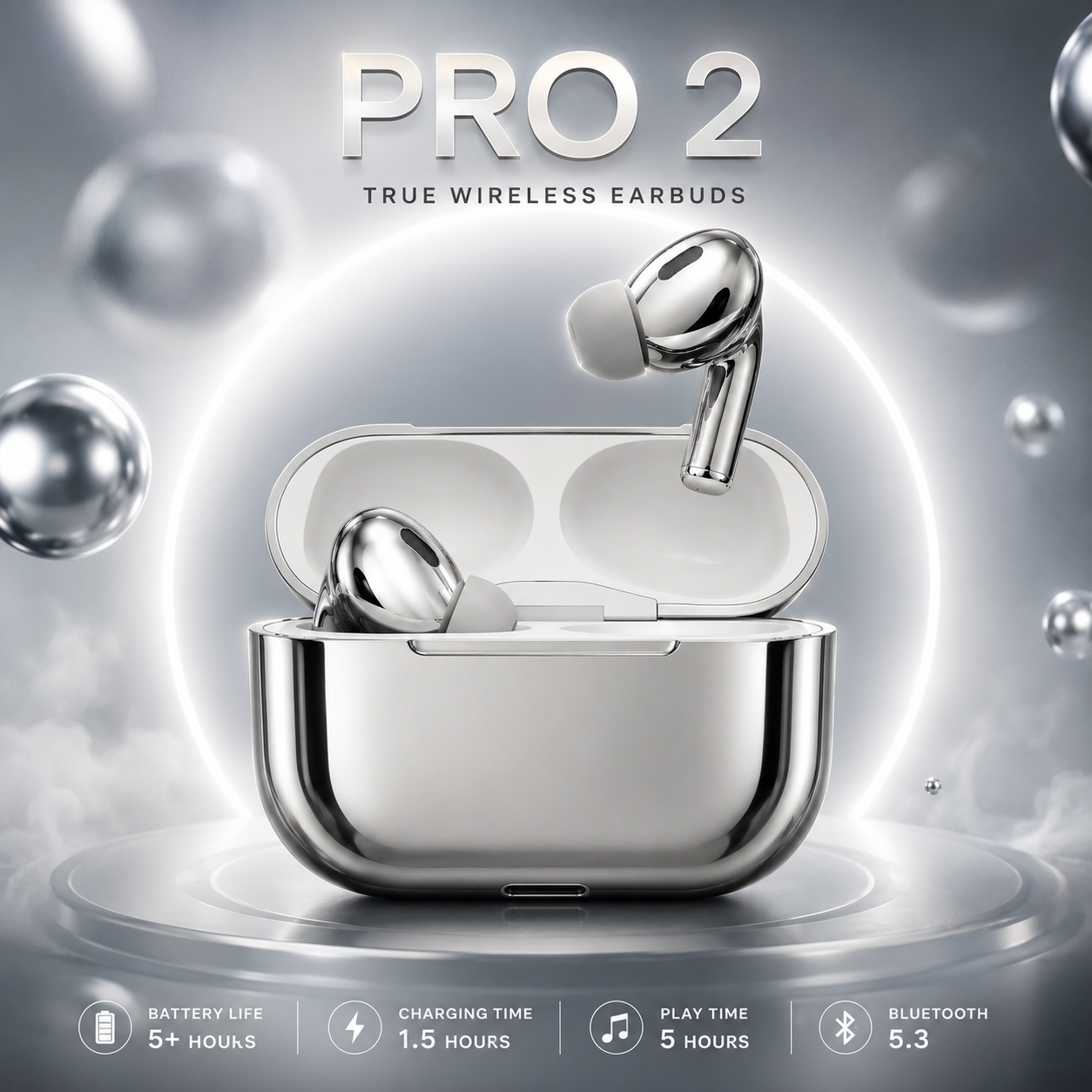 SHOPRYZ Pro 2 Wireless Earbuds in Chrome Silver